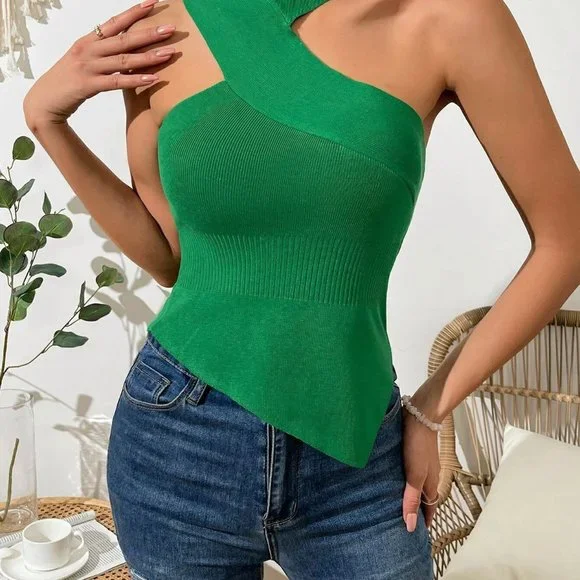 Green Preppy Womens Asymmetrical Neck Hanky Hem Knit Top - Picture 3 of 5